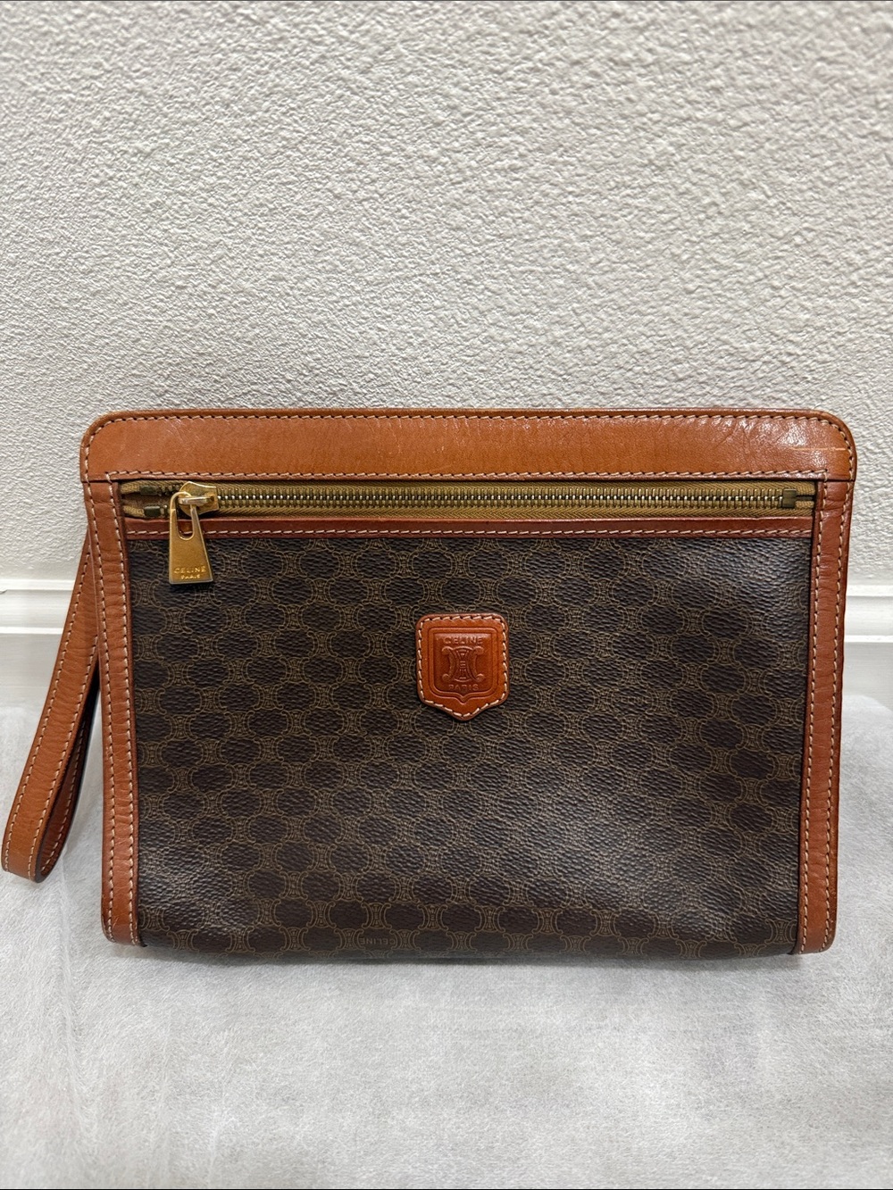 Celine Brown Canvas Wristlet with Tan Leather Trim and Gold Hardware